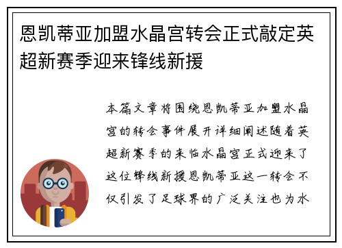 恩凯蒂亚加盟水晶宫转会正式敲定英超新赛季迎来锋线新援